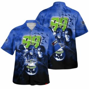 Daniel Suarez Nascar Racing With Michael Myers Friends Horror Halloween Hawaiian Shirt