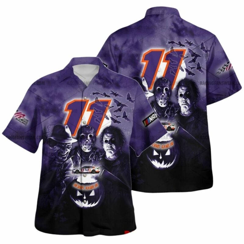 Denny Hamlin Nascar Racing Fedex With Michael Myers Friends Horror Halloween Hawaiian Shirt 1