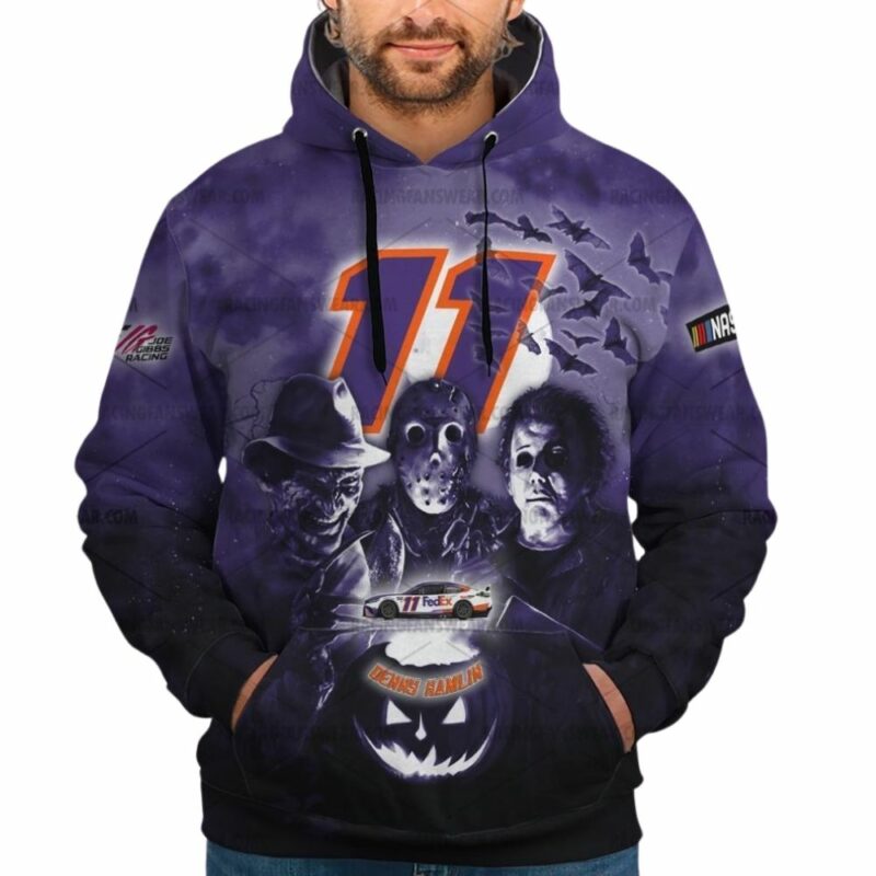 Denny Hamlin Nascar Racing With Michael Myers Friends Horror Halloween 3D Hoodie 1