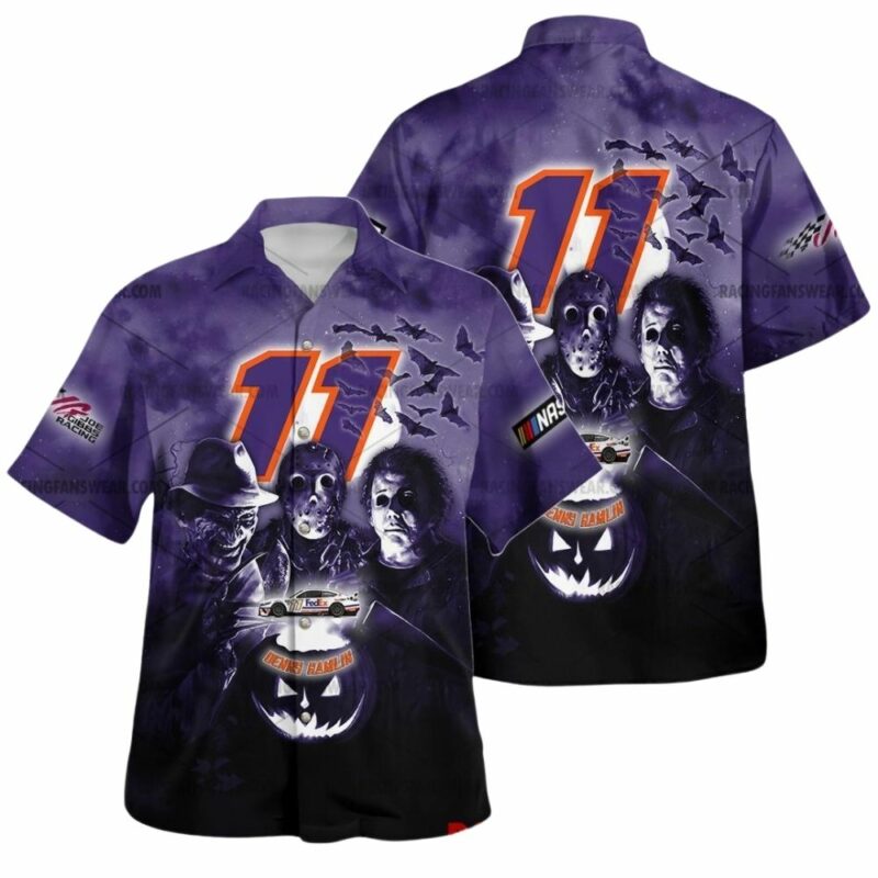 Denny Hamlin Nascar Racing With Michael Myers Friends Horror Halloween Hawaiian Shirt 1
