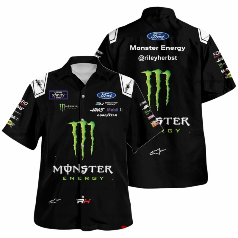Riley Herbst Nascar Racing 2024 Stewart Haas Racing Monster Energy Uniform Hawaiian Shirt 1