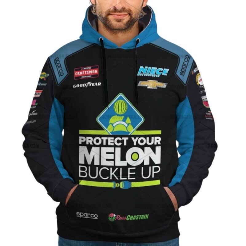 Ross Chastain Nascar Racing 2024 Protect Your Melon Buckle Up Uniform 3D Hoodie 1