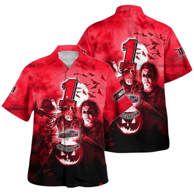 Ross Chastain Nascar Racing With Michael Myers Friends Horror Halloween Hawaiian Shirt 1