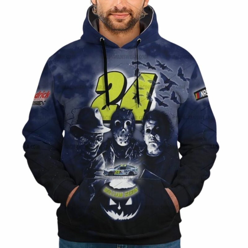 William Byron 24 Nascar Racing With Michael Myers Friends Horror Character Halloween 3D Hoodie 1