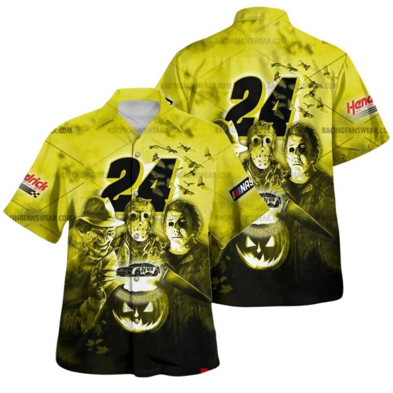 William Byron Nascar Hendrick Motorsport Racing With Michael Myers Friends Horror Halloween Hawaiian Shirt 1