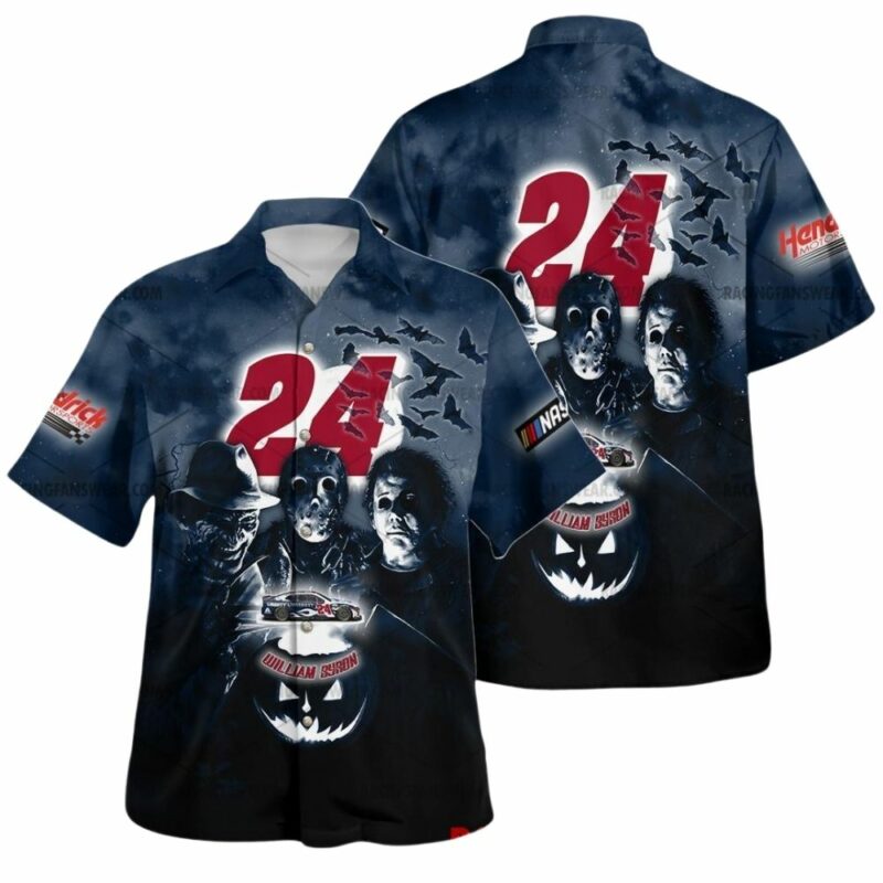 William Byron Nascar Racing With Michael Myers Friends Horror Halloween Hawaiian Shirt 1